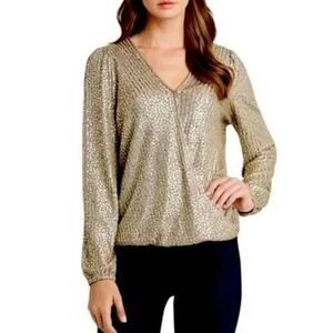 Vince Camuto Metallic Gold Sequin Wrap Top